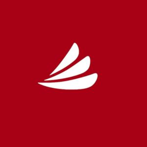 a red and white logo